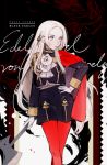  1girl axe black_background cape character_name cravat edelgard_von_hresvelg fire_emblem fire_emblem:_three_houses garreg_mach_monastery_uniform gloves hair_ribbon hand_on_hip highres holding holding_weapon k_(sktchblg) long_hair long_sleeves looking_away purple_eyes red_cape red_legwear ribbon solo thighhighs uniform weapon white_gloves 