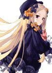  1girl abigail_williams_(fate/grand_order) bangs black_bow black_dress black_headwear blonde_hair bloomers blue_eyes bow bug butterfly commentary_request dress fate/grand_order fate_(series) forehead hair_bow hat insect long_hair long_sleeves namiharuru object_hug orange_bow parted_bangs polka_dot polka_dot_bow simple_background sleeves_past_fingers sleeves_past_wrists solo stuffed_animal stuffed_toy teddy_bear underwear very_long_hair white_background white_bloomers 