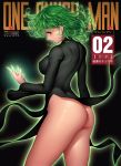  absurdres artist_name ass black_dress cover cover_page curly_hair dress earrings glowing green_eyes green_hair highres jewelry juan_romero legs looking_at_viewer no_panties older one-punch_man side_slit sideways_glance skin_tight tatsumaki 