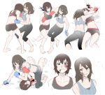  2girls abs arm_triangle_choke barefoot bike_shorts black_bra black_pants black_shorts blue_bra blue_gloves bra brown_eyes brown_hair bruise commentary_request face fingerless_gloves girls_und_panzer gloves injury judo long_hair martial_arts mika_(girls_und_panzer) multiple_girls muscle nexas nishizumi_maho on pants red_gloves short_hair shorts sports_bra striped striped_bra submission_hold tank_top underwear wrestling 