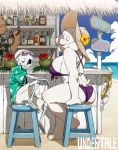  1girl 3boys alcohol animal_ears asgore_dreemurr ass bar barefoot beach bikini blue_sky bottle breasts cleavage copyright_name flower goat_ears goat_horns goat_tail hair_flower hair_ornament hat hawaiian_shirt highres kamezaemon large_breasts multiple_boys ocean purple_bikini sans shirt shorts sitting skeleton sky smile sun_hat swimsuit toriel undertale water 