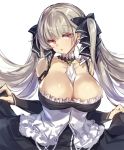  1girl azur_lane between_breasts black_dress blush breasts cleavage curtsey dress formidable_(azur_lane) frilled_dress frills grey_hair hair_ribbon large_breasts long_hair looking_at_viewer open_mouth red_eyes ribbon silver_hair simple_background solo twintails two-tone_dress two-tone_ribbon white_background yamaarashi 