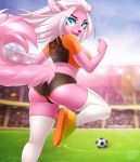  2019 anthro ball blue_eyes blurred_background bottomwear breasts butt canid canine clothing dannyckoo female footwear fur hair hi_res mammal open_mouth outside pink_fur pink_nose shirt shoes shorts smile soccer solo sport topwear vyxsin white_hair 