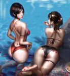  2girls ada_wong arm_strap ass bangs bikini black_bikini black_hair bracelet breasts brown_eyes claire_redfield from_behind highres jewelry kneeling liang_xing looking_at_viewer looking_back lying medium_breasts multiple_girls on_stomach one-piece_swimsuit partially_submerged petals ponytail resident_evil resident_evil_2 short_hair signature swept_bangs swimsuit thigh_strap water watermark web_address wet 