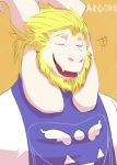  asgore_dreemurr blonde_hair boss_monster bovid bust_portrait caprine clothed clothing delta_rune_(emblem) eyes_closed facial_hair fangs floppy_ears hair happy hi_res horn male mammal mature_male nodding open_mouth portrait repzzmonster simple_background solo symbol undertale video_games yellow_background 