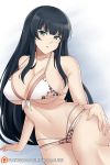  1girl aslindsamure bangs banned_artist bare_shoulders bikini black_hair blue_eyes blush breasts cleavage collarbone floral_print highres ikaruga_(senran_kagura) large_breasts long_hair looking_at_viewer navel parted_lips senran_kagura swimsuit thighs very_long_hair white_bikini 