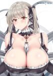  1girl azur_lane bangs bare_shoulders between_breasts black_dress black_ribbon blush breasts cleavage collarbone covered_nipples dress earrings eyebrows_visible_through_hair flight_deck formidable_(azur_lane) gem hair_between_eyes hair_ribbon highres jewelry large_breasts long_hair looking_at_viewer no_bra patreon_username red_eyes ribbon shiny shiny_hair silver_hair simple_background solo steaming_body sweat tnolize twintails two-tone_dress two-tone_ribbon upper_body watermark white_dress white_ribbon 