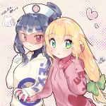  2girls bangs blonde_hair blunt_bangs blush bow co_koro4 colored_lenses commentary_request eyebrows_visible_through_hair glasses gloves green_bow green_eyes hair_between_eyes hair_bow hat heart highres holding_hand hood hooded_sweater long_hair looking_at_viewer low-tied_long_hair medi multiple_girls nurse nurse_cap pink_gloves polka_dot polka_dot_background red-tinted_eyewear rockman rockman_exe rockman_exe_5 roll_exe smile sweater white_gloves yuri 