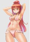  1girl alice_gear_aegis armpits arms_behind_back bikini bow bow_panties cowboy_shot eyebrows_visible_through_hair fujino_yayoi green_eyes hair_bun highres last753 navel open_mouth panties pink_bikini red_hair simple_background solo swimsuit underwear 