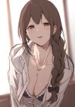  1girl bangs black_bow black_bra blurry blurry_background blush bow bra breasts brown_eyes brown_hair cleavage collarbone collared_shirt commentary_request dress_shirt earrings idolmaster jewelry kuwayama_chiyuki large_breasts long_hair looking_at_viewer low_tied_hair necklace open_clothes open_shirt parted_lips shirt sidelocks sola_(solo0730) underwear white_shirt window 