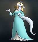  blonde_hair blue_eyes breasts clothing crown dragon dress female feretta hair hi_res looking_at_viewer mario_bros mis&#039;alia nintendo rosalina_(mario) silver_dragon silver_skin smile solo super_mario_galaxy video_games 