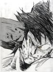  1boy 1other black_hair character_request clenched_hand copyright_request fighting greyscale hatching_(texture) highres injury male_focus monochrome punching scratches simple_background sketch spot_color sushio teeth traditional_media white_background yellow_eyes 