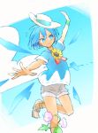 1girl adapted_costume blue_eyes blue_hair blue_shirt cirno cloud commentary_request flower hat ice ice_wings outstretched_arms plant red_ribbon ribbon sailor_collar sailor_shirt sandals shirt short_hair shorts sky smile solo sunflower tan tanned_cirno touhou vines white_headwear wings wristband ziro_(daydozen) 