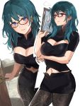  1girl absurdres blue_eyes blush breasts byleth_(fire_emblem) byleth_(fire_emblem)_(female) cleavage clipboard fire_emblem fire_emblem:_three_houses glasses green_eyes highres large_breasts long_hair midriff multiple_views navel ormille pantyhose skirt white_background 