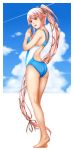  1girl alternate_costume ass blue_sky brown_eyes competition_swimsuit eyebrows_visible_through_hair full_body gradient_sky hair_flaps hair_ribbon highres kantai_collection long_hair looking_at_viewer one-piece_swimsuit pink_hair ponytail ribbon side_ponytail sky solo suda_(yuunagi_enikki) swimsuit very_long_hair yura_(kantai_collection) 