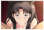  1boy 1girl bangs black_hair black_ribbon blush cafekun collarbone commentary_request eyebrows_visible_through_hair fate/stay_night fate_(series) green_eyes long_hair looking_at_viewer nude oral penis ribbon solo_focus toosaka_rin 