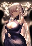  1girl absurdres azur_lane bare_shoulders belfast_(azur_lane) belfast_(the_noble_attendant)_(azur_lane) blue_dress blue_gloves blurry braid breasts chain cleavage cowboy_shot criss-cross_halter crowd depth_of_field dress elbow_gloves gloves hair_ribbon halter_dress halterneck higandgk highres holding large_breasts long_hair looking_at_viewer purple_eyes ribbon silver_hair smile solo standing very_long_hair 