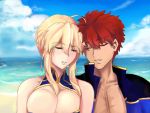  1boy 1girl ahoge amasato_c artoria_pendragon_(all) artoria_pendragon_(lancer) bangs beach blonde_hair braid breasts cleavage closed_eyes commentary crown emiya_shirou eyebrows_visible_through_hair fate/grand_order fate/stay_night fate_(series) french_braid hair_between_eyes large_breasts ocean outdoors red_hair sand sidelocks swept_bangs translation_request 