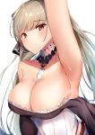  1girl arm_up armpits azur_lane bangs bare_shoulders between_breasts black_dress blush breasts cleavage dress eyebrows_visible_through_hair formidable_(azur_lane) frilled_dress frills grey_hair hair_ribbon highres jewelry large_breasts long_hair long_sleeves looking_at_viewer red_eyes ribbon simple_background solo tsukimineko twintails white_background 