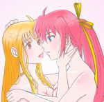  2girls ahoge bangs bashi blonde_hair blue_eyes blush braid breast_press breasts cleavage closed_mouth commentary_request crown_braid eyebrows_visible_through_hair fate_testarossa gradient gradient_background hair_ribbon large_breasts long_hair looking_at_another lyrical_nanoha mahou_shoujo_lyrical_nanoha mahou_shoujo_lyrical_nanoha_a&#039;s mahou_shoujo_lyrical_nanoha_strikers multiple_girls open_mouth pink_background pink_hair pink_lips ponytail red_eyes ribbon sidelocks signum upper_body very_long_hair yellow_ribbon yuri 