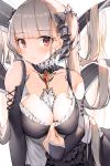  1girl azur_lane black_dress blush breasts cleavage dress earrings formidable_(azur_lane) frilled_dress frills grey_hair highres jewelry large_breasts lee_seok_ho platinum_blonde_hair pout red_eyes solo twintails two-tone_dress two-tone_ribbon 