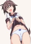 1girl alternate_costume animal_ears beige_background black_sailor_collar black_skirt blue_neckwear bow bow_panties brown_eyes brown_hair cameltoe commentary_request cosplay cowboy_shot dog_ears from_below fubuki_(kantai_collection) fubuki_(kantai_collection)_(cosplay) kantai_collection lifted_by_self looking_at_viewer miyafuji_yoshika neckerchief open_mouth panties pleated_skirt remodel_(kantai_collection) sailor_collar school_uniform serafuku shino_(ten-m) short_hair simple_background skirt skirt_lift smile solo strike_witches tail underwear white_panties world_witches_series 