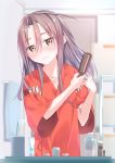 1girl blush brown_eyes brown_hair closed_mouth collarbone eyebrows_visible_through_hair flat_chest gedoo_(gedo) hair_brush hair_brushing hair_down highres holding holding_brush indoors japanese_clothes kantai_collection long_hair red_shirt shirt sink solo toothbrush toothpaste wide_sleeves zuihou_(kantai_collection) 