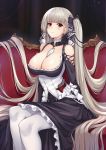  1girl absurdly_long_hair azur_lane blush breasts choker collarbone corset couch dark_background earrings feet_out_of_frame formidable_(azur_lane) frills hair_ribbon highres jewelry large_breasts lips long_hair necktie pak_ce pantyhose platinum_blonde_hair red_eyes ribbon sitting solo twintails two-tone_dress two-tone_ribbon very_long_hair 