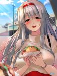  1girl :d blush brown_eyes casual commentary_request day eyebrows_visible_through_hair food hairband hamburger kantai_collection long_hair looking_at_viewer open_mouth outdoors pov red_hairband shoukaku_(kantai_collection) signature smile solo upper_body watch white_hair wristwatch youmou_usagi 
