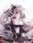  1girl absurdres azur_lane bangs bare_shoulders between_breasts black_dress blush breasts cleavage dress earrings eyebrows_visible_through_hair floating_hair formidable_(azur_lane) frilled_dress frills grey_hair hair_ribbon highres inosia jewelry large_breasts long_hair long_sleeves looking_at_viewer petals red_eyes revision ribbon simple_background solo twintails white_background 