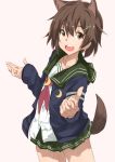  1girl animal_ears beige_background blue_jacket brave_witches brown_eyes brown_hair commentary_request cosplay cowboy_shot crescent crescent_moon_pin dog_ears dog_tail green_sailor_collar green_skirt jacket kantai_collection karibuchi_hikari mutsuki_(kantai_collection) mutsuki_(kantai_collection)_(cosplay) neckerchief open_mouth pleated_skirt red_neckwear remodel_(kantai_collection) round_teeth sailor_collar school_uniform serafuku shino_(ten-m) short_hair simple_background skirt smile solo tail teeth upper_teeth world_witches_series 
