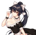  1girl azur_lane black_hair bow breasts cleavage commentary commentary_request frills hair_between_eyes hair_bow large_breasts long_hair looking_at_viewer maid maid_dress momera parted_lips ponytail solo takao_(azur_lane) yellow_eyes 