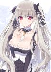  1girl azur_lane between_breasts black_bow black_dress bow breasts cleavage closed_mouth collarbone commentary_request dress earrings floral_background flower formidable_(azur_lane) frilled_dress frills grey_hair hair_bow hand_on_own_chest hand_up jewelry large_breasts long_hair long_sleeves looking_at_viewer red_eyes rose solo sumisaki_yuzuna twintails upper_body very_long_hair white_background 