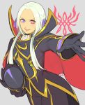  1girl blush breasts cape code_geass cosplay edelgard_von_hresvelg fabulous fire_emblem fire_emblem:_three_houses garreg_mach_monastery_uniform geass gloves helmet heterochromia highres jivke lelouch_lamperouge long_hair looking_at_viewer order_of_the_black_knights_uniform purple_eyes red_cape simple_background smile solo zero_(code_geass) zero_(code_geass)_(cosplay) 