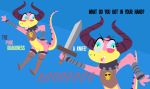  blep blue_eyes bone boots clothing collar dragon dragoness_(vimhomeless) fangs footwear hi_res horn melee_weapon pink_scales scales shane_frost skull spikes sword tongue tongue_out weapon 