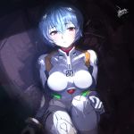  1girl artist_name ayanami_rei bangs blue_hair blush bodysuit breasts breasts_apart chinese_commentary closed_mouth commentary_request dated ejami eyebrows_visible_through_hair gloves headgear lcl light_particles medium_breasts neon_genesis_evangelion partially_submerged plugsuit red_eyes short_hair signature sitting skin_tight smile solo water white_bodysuit white_gloves 
