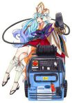  1girl :d bangle beads blue_hair blush bracelet brown_eyes cable dial full_body gradient_hair high_pressure_washer_(ole_tower) japanese_clothes jewelry kneehighs long_hair multicolored_hair official_art ole_tower open_mouth sandals sitting smile solo white_headwear white_legwear wide_sleeves winch 