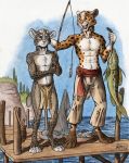  0laffson 2019 4_toes 5_fingers abs anthro blue_eyes bobcat cougar digitigrade duo fekkri_talot felid feline fingers fish hi_res lynx mammal marine open_mouth rikken_talot teeth toes tongue traditional_media_(artwork) 