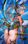  1girl android ass cable commentary green_eyes highres looking_at_viewer looking_back mechanical_parts original ponytail robot_joints science_fiction seams silver_hair thigh_grab voruvoru 