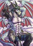  2019 abs anthro clothing cybernetics cyborg dakimakura_design dragon hair konami looking_at_viewer lying machine male manpersonguy mrease muscular on_back prosthetic_arm rafale_champion_fur_hire scalie smile solo wings yu-gi-oh 