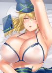  1girl arm_up armpits artoria_pendragon_(all) bangs bare_shoulders baseball_cap bikini blonde_hair blue_headwear blue_jacket blush breasts cellphone cleavage closed_eyes collarbone cropped_jacket fate/grand_order fate_(series) gachou hair_between_eyes hat hat_removed headwear_removed jacket jacket_removed large_breasts long_hair lying mysterious_heroine_xx_(foreigner) on_back open_mouth parted_lips phone ponytail shrug_(clothing) sidelocks sleeping solo swimsuit white_bikini 
