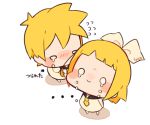  ... 1boy 1girl :i bangs barefoot blonde_hair blunt_bangs bow chibi commentary_request crying crying_with_eyes_open directional_arrow dress dripping flying_sweatdrops hair_bow kagamine_len kagamine_rin kitsune_no_ko looking_up necktie o_o pout sailor_dress short_hair simple_background sleeveless sleeveless_dress standing tears vocaloid white_background yellow_neckwear 