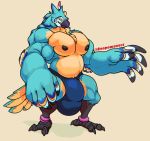  avian big_muscles blue_feathers breath_of_the_wild bulge claws feather_fingers feathers goopomancer huge_hands huge_pecs hyper hyper_bulge kass_(tloz) looking_at_viewer male musclegut muscular muscular_male nintendo nipples rito smile talons the_legend_of_zelda thick_thighs video_games 