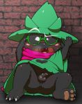  anthro anus balls big_ears blush bovid brick caprine claws clothing cub deltarune eyewear feet foreskin glasses goat hat headgear headwear hi_res looking_at_viewer male mammal nakayan open_mouth pawpads penis ralsei sitting solo tongue video_games young 