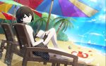  1girl ball bangs bare_legs bare_shoulders barefoot beach beach_chair beach_umbrella beachball black_dress black_eyes black_gloves black_hair blue_sky boat book closed_mouth coconut_tree dress empty_eyes gloves hair_between_eyes holding holding_book knee_up lens_flare lifebuoy looking_at_viewer monogatari_(series) monogatari_series_puc_puc official_art oshino_ougi pale_skin palm_tree polka_dot sailboat shadow short_hair sitting sky sleeveless solo starfish sundress tree umbrella watanabe_akio watercraft 