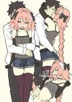  2boys :d astolfo_(fate) bare_shoulders black_gloves black_hair blush bow braid brown_legwear camisole camisole_lift choker closed_eyes commentary elbow_gloves eyebrows_visible_through_hair fang fate/apocrypha fate/grand_order fate_(series) fujimaru_ritsuka_(male) gloves hair_between_eyes hair_bow hand_on_another&#039;s_ass hands_on_another&#039;s_waist heart heart-shaped_pupils hug hug_from_behind kiss licking licking_stomach long_hair male_focus multiple_boys multiple_views navel open_mouth otoko_no_ko pink_hair red_eyes revision short_shorts shorts single_braid skin_fang sky_(freedom) smile striped_camisole symbol-shaped_pupils thighhighs very_long_hair yaoi 