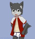  anthro briefs bulge canid canine child clothing cub dark_fur domestic_cat eyewear felid feline felis fox fur glasses green_eyes hazumazu male mammal navel red_pupils shirt solo topwear underwear young 