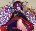  1girl bangs blush breasts china_dress chinese_clothes covered_navel dress eyeliner fang fate/grand_order fate_(series) fingernails frills hair_rings hat heroic_spirit_festival_outfit highres horns jiangshi long_fingernails long_sleeves looking_at_viewer makeup ofuda oni oni_horns open_mouth pelvic_curtain purple_dress purple_eyes purple_hair qing_guanmao sash short_hair shuten_douji_(fate/grand_order) small_breasts smile solo souma_kira thighs wide_sleeves 