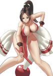  1girl bare_shoulders breasts brown_eyes brown_hair cleavage closed_fan closed_mouth fan fatal_fury folding_fan high_ponytail highres large_breasts leaning_forward mirukuiro ninja pelvic_curtain ponytail revealing_clothes rope shiranui_mai smile the_king_of_fighters thighs 
