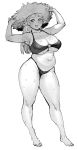  1girl :3 belly bikini breasts cleavage elf elf-san_wa_yaserarenai. erufuda-san fang hat highres huge_breasts looking_at_viewer monochrome navel o-ring o-ring_bikini open_mouth plump pointy_ears short_hair smile solo standing swimsuit synecdoche thick_thighs thighs wet 